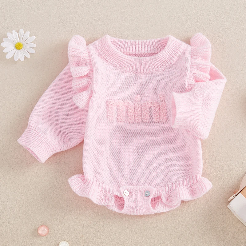 Infant Baby Girls Knit Sweater Romper Autumn Winter Cute Long Sleeve O Neck Letter Embroidery Rompers for 0-18Months