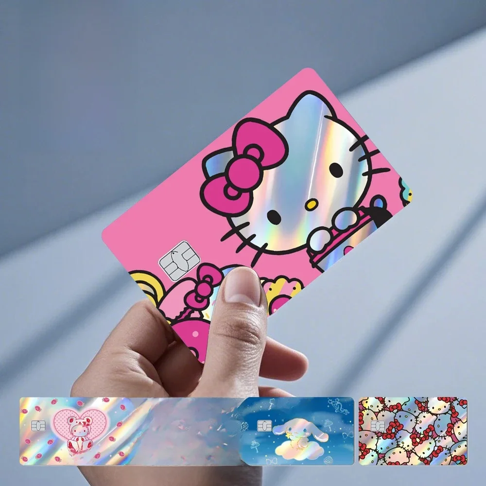 Offre spéciale Hello Kitty Kuromi holographique Laser Film brillant peau couverture autocollant pour débito carte de crédit carte bancaire
