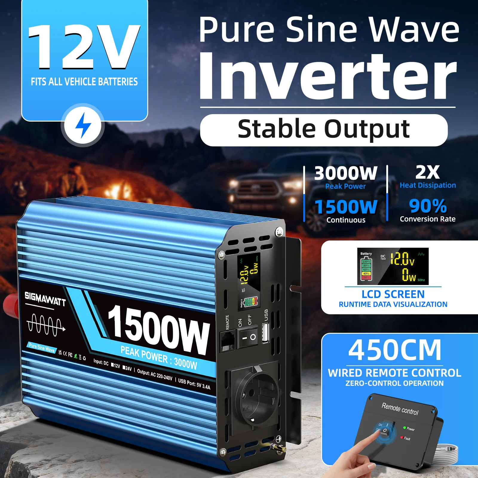 1500W 3000W Spitzenleistung Reiner Sinus-Wechselrichter DC 12V AC 230V LCD Fernbedienung USB Typ-C Auto für Off-Grid Camping Konverter