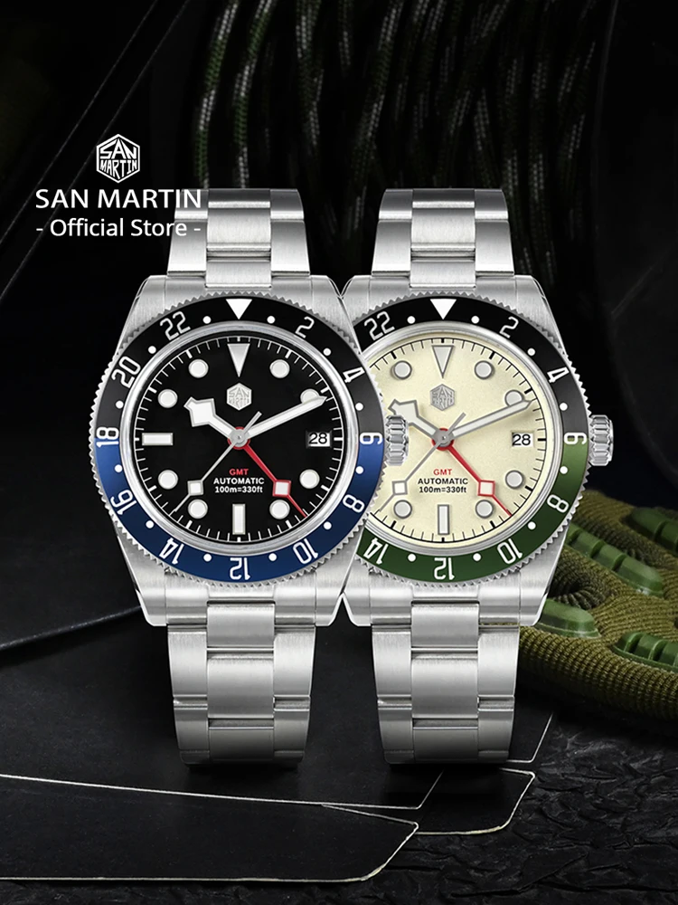 San Martin 39mm NH34 GMT Men Luxury Watch Bidirectional Aluminum