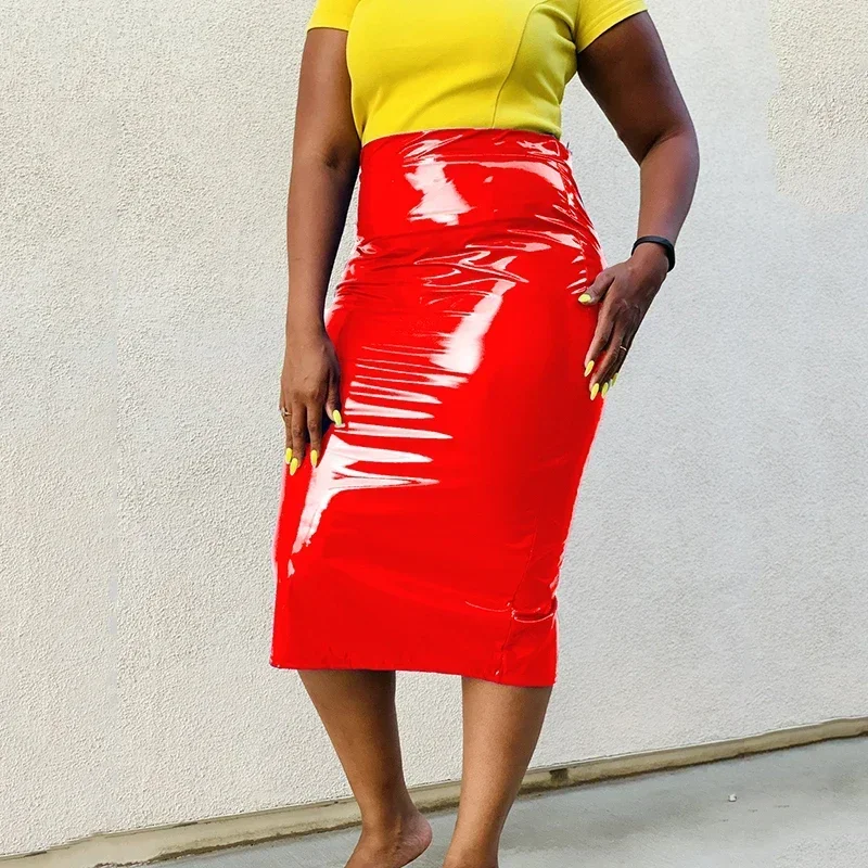 Faux Latex Midi Röcke Frauen Sexy Bodycon Plus Größe Röcke Hohe Taille Schlank PU Leder Röcke Damen