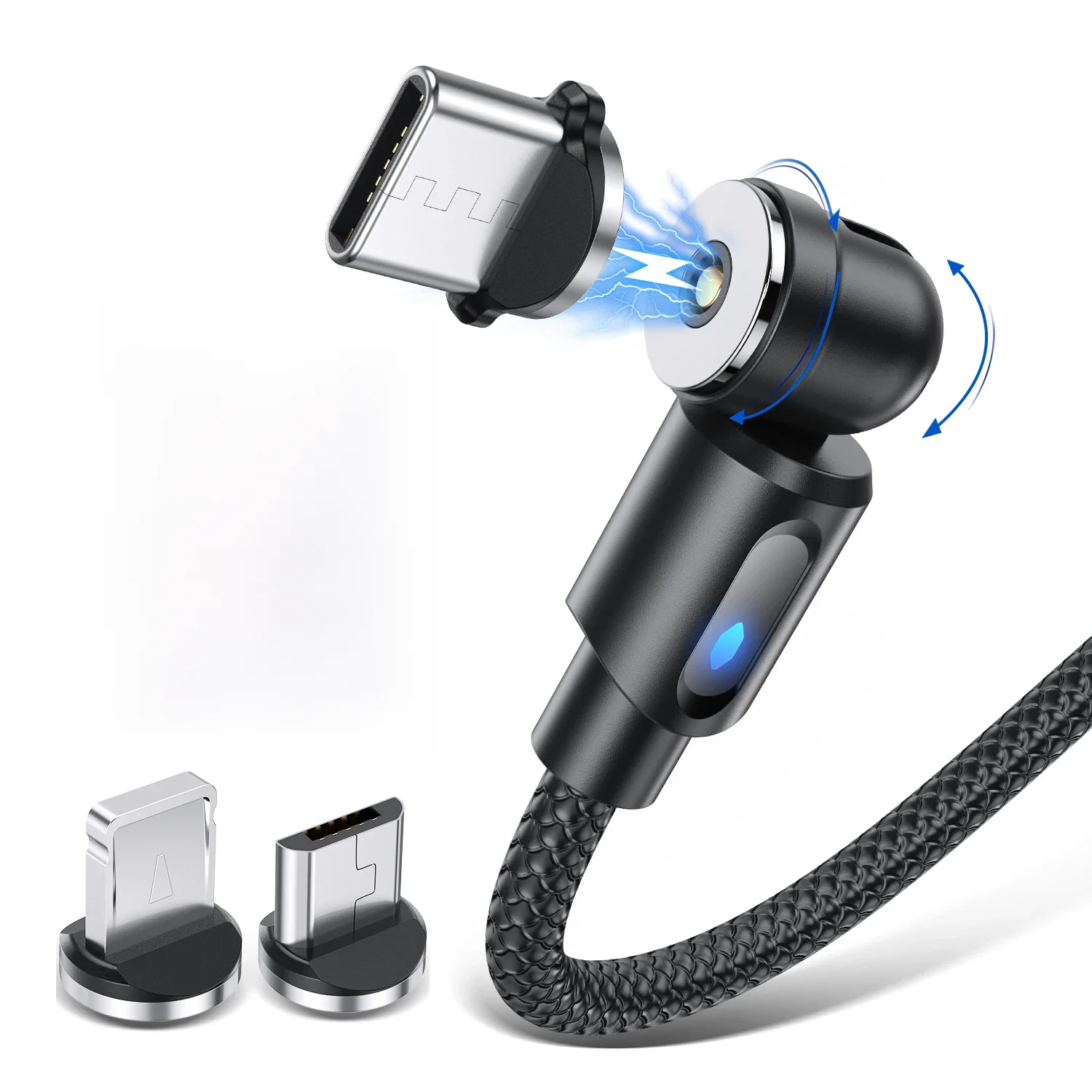 Câble magnétique Type C Micro USB, chargeur de téléphone, câble de données rotatif à 540 degrés avec LED pour iPhone Xiaomi Huawei Samsung