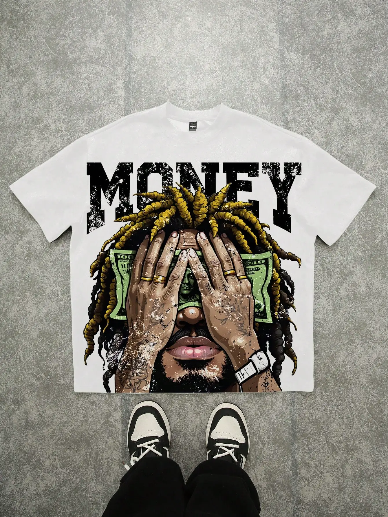 

Oversized Street Hip Hop Cash Money Portrait Graphic Cropped Loose T-Shirt