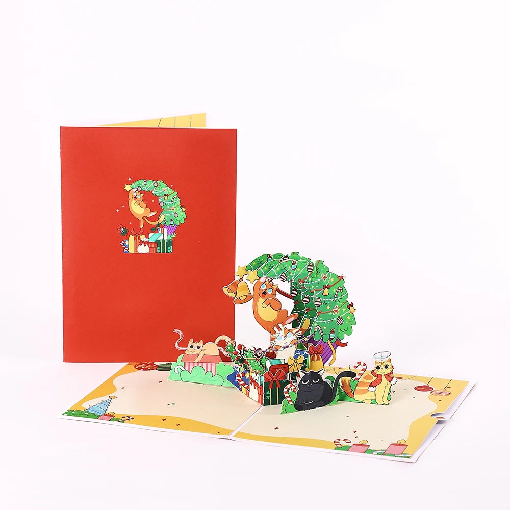 Christmas Greeting Card Crescent Shape Xmas Tree Gifts Cute Nauty Cat Greeting Cards Creative Party Invitation With Envelope