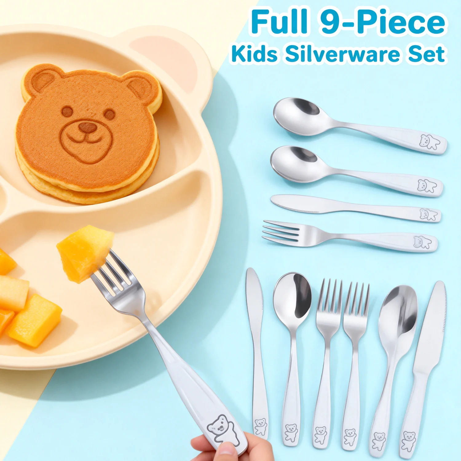 9Pcs Kids Silverware Set 410 Stainless Steel Kids Fork Spoon and Cutter Set Safe Ergonomic Toddler Utensils for Kids Boys Girls