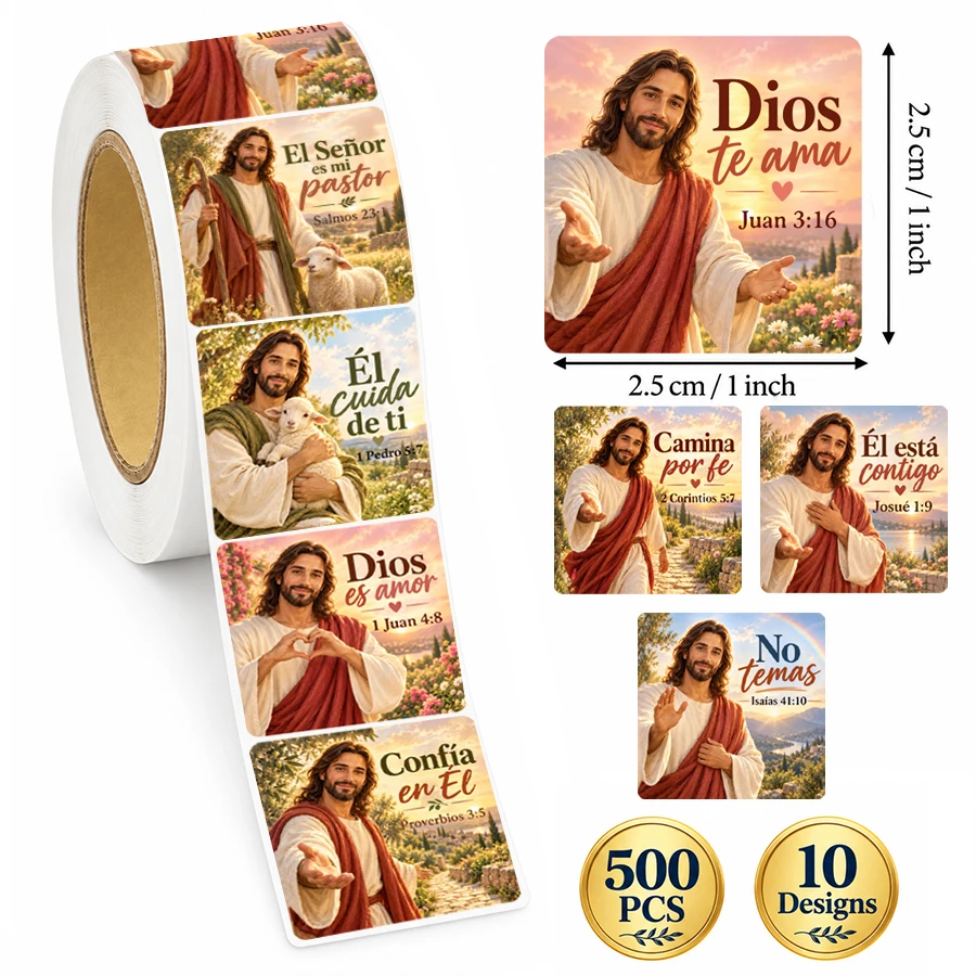 500 Pcs Spanish Bible Verse Stickers, 10 Designs, 1 Inch Christian Jesus Faith Self-Adhesive Labels, Square Roll Stickers