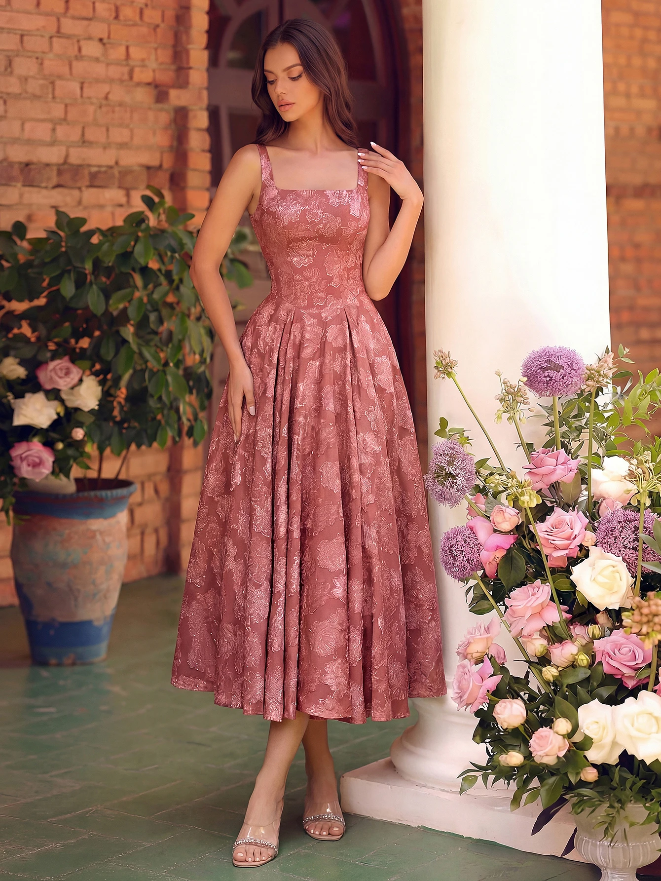 

Adyce Elegant Lady's Strap Square Neck Sleeveless Backless Tie A-line Mid-length Party Dress For Birthday Party Evening Dresses