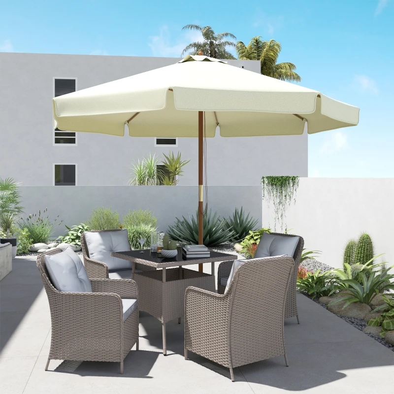 Parasol en bois Ø325x250 cm avec système de poulie, toit ventilé et 8 baleines en bambou pour terrasse ou balcon, couleur crème.