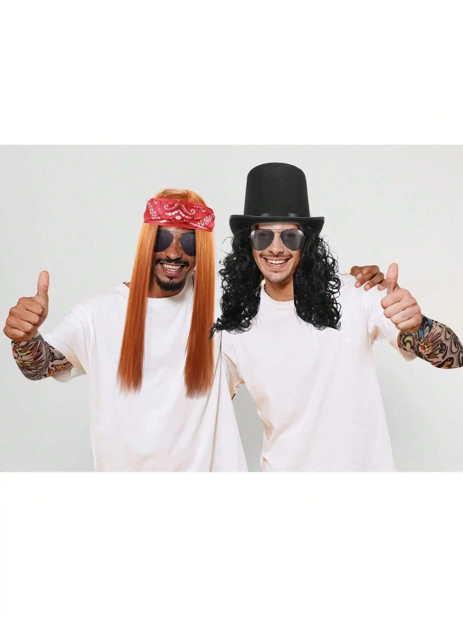 7 sztuk 70s 80s Rocker Costume Heavy Metal Wig Mężczyźni Kobiety Hippie Peruka z Bandaną Okulary przeciwsłoneczne Punk Rękawiczki Tatuaż Rękawy dla