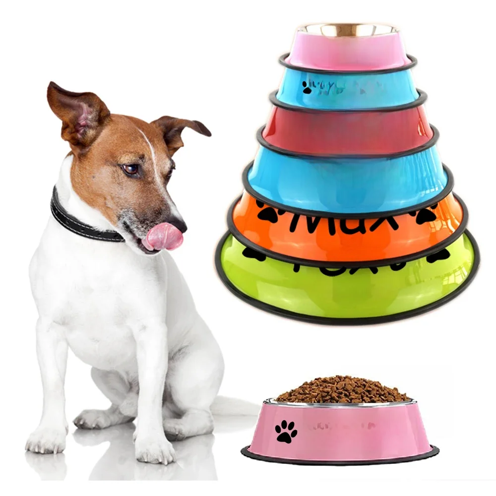 Nom personnalisé chien chat bol en acier inoxydable animal de compagnie coloré eau nourriture anti-dérapant bassin à manger circulaire bol personnalisé Multi taille