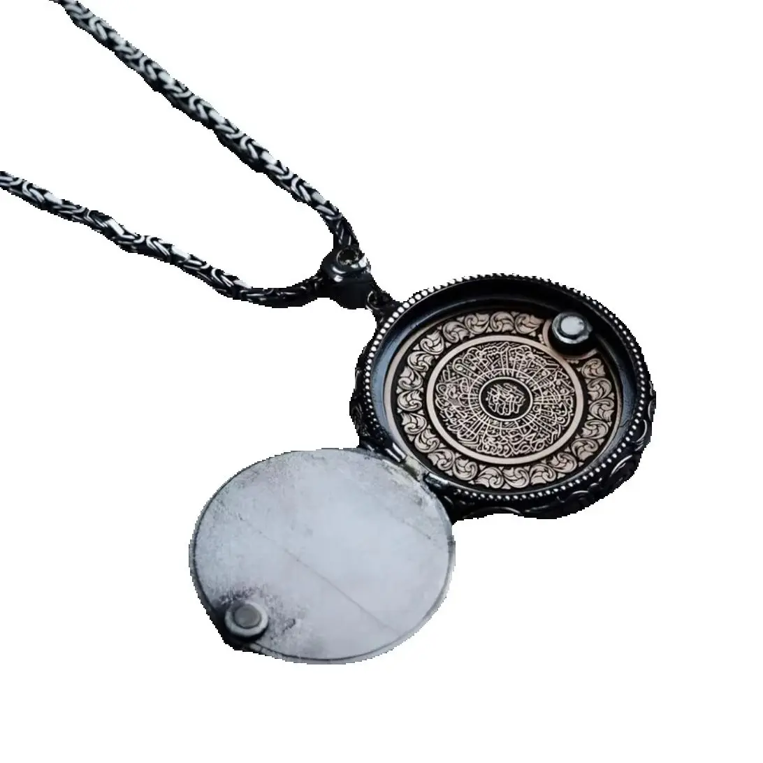 

Ayetel Kursi, Evil Eye Verse, Falaq and Nas Surahs Embroidered Medallion Necklace - Unique Silver Jewelry - 3.5 CM Silver