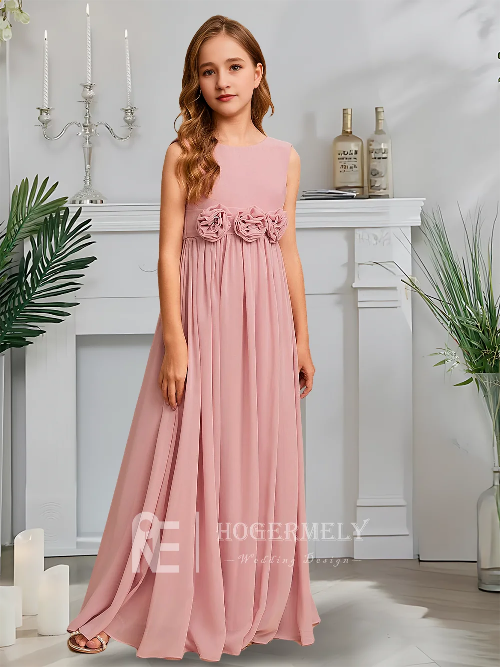 Роскошное платье подружки невесты с круглым вырезом, платье для девочек-цветочниц, шифоновое платье трапециевидной формы длиной до пола, садовое гала-свадьба