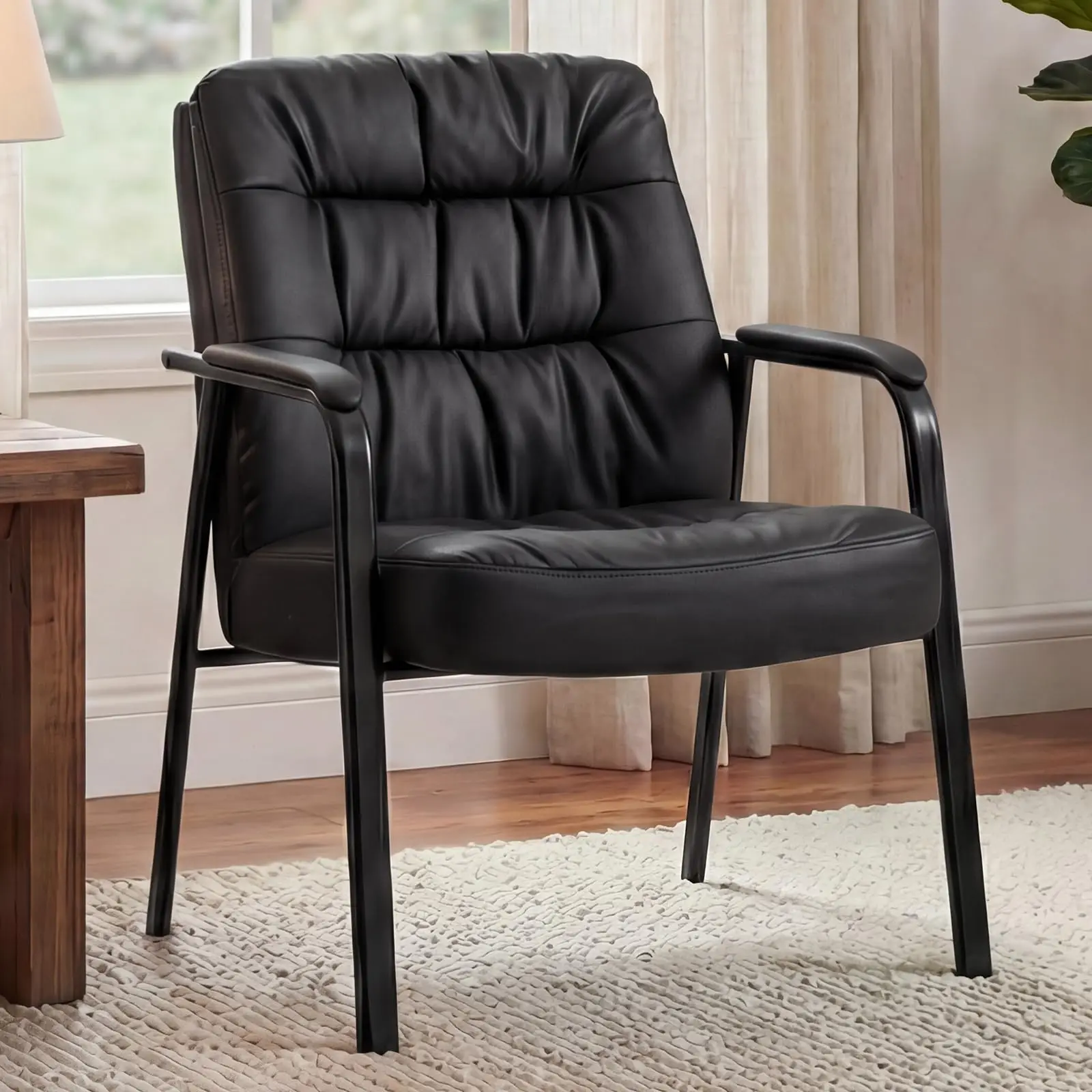 

Waiting Room Guest Chair, Leather Stationary Office Desk Reception Chair No Wheels with Padded Armrest for Conference Lobby