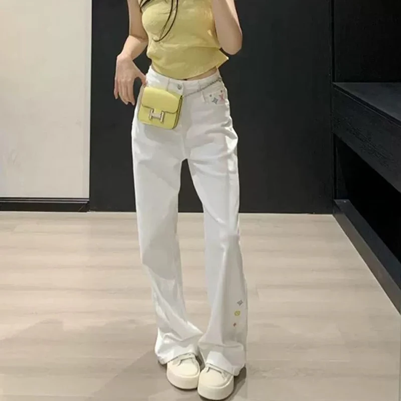 Women's White Chic Embroidered New Straight Jeans 2000s Y2k Korean High Waisted Loose Wide Leg Floor-Mopping Pants Casual Pants