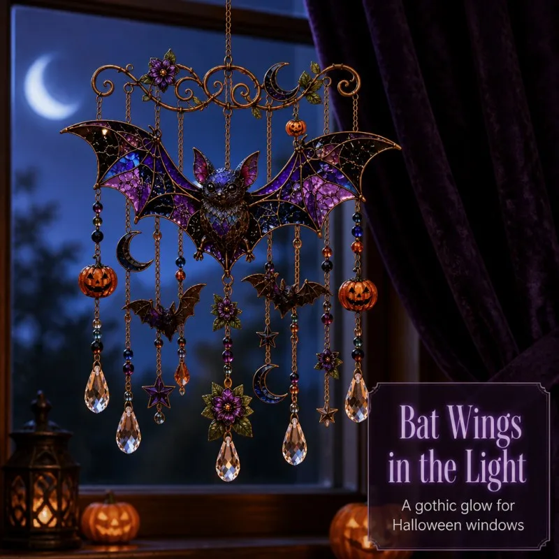 Halloween Crystal Wind Chime and Bat/Spider Suncatcher Outdoor Hanging Decoration for Gardens, Porches, Patios, and Car Interior