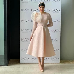Meetlove Customized Full Sleeves Prom Dresses Tea-Length Stain Zipper Up Belt O-Neck Wedding Party Women A-Line Grace 2023