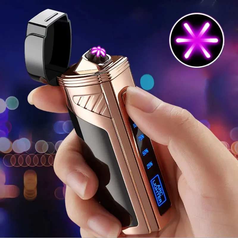 

Смарт-чип электрическая шестидуговая USB импульсная Зажигалка для улицы ветрозащитная плазменная беспламенная цифровая мощность фотомагнитная мужские подарки