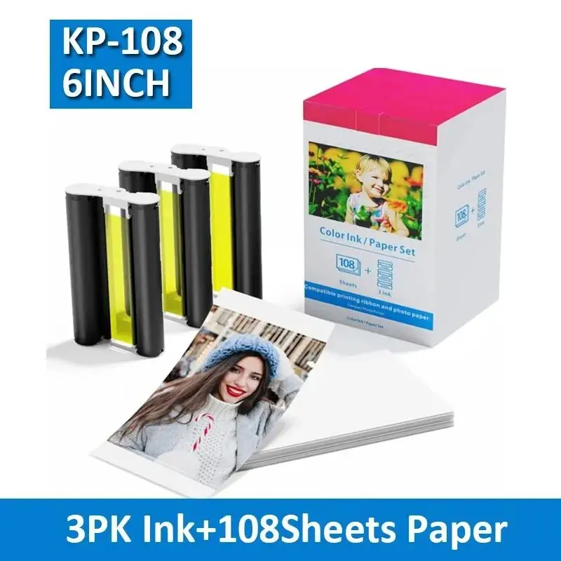 Photo Paper Set Compatible Canon Selphy CP1300 CP1500 CP1200 Printer KP-108IN 10x15cm 6' X4' 108 Sheets 3 Colour Ink Cassette