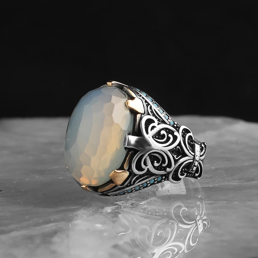 

Men's solid 925 sterling silver ring Oval White Moon's eye stone handmade gift for Birthday High Quality Fine Jewelry