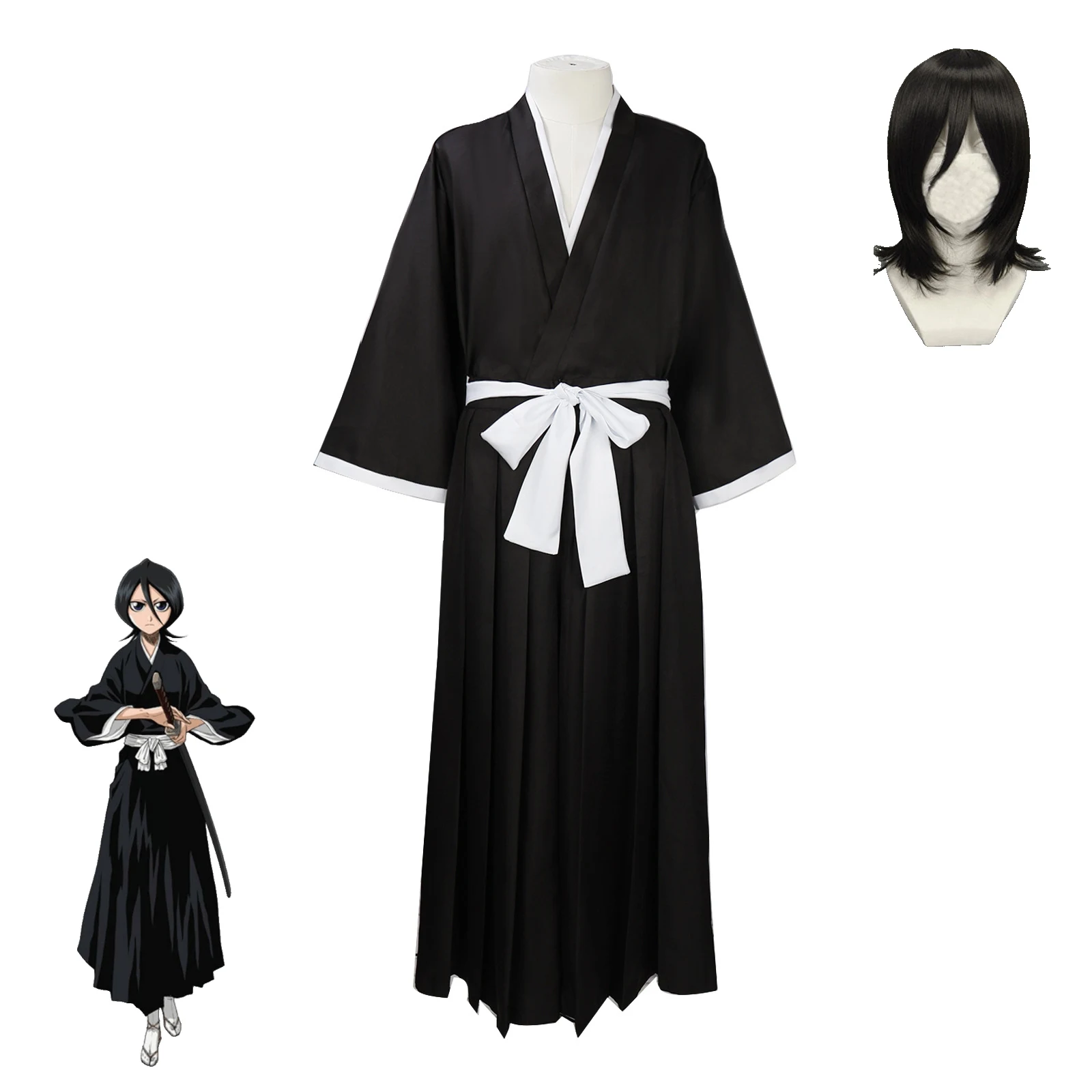 

Bleach Rukia Kuchiki Cosplay Costume, Rukia Shinigami Costume With Wig, Black Kimono Uniform For Women