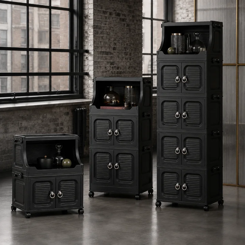 Black Foldable Storage Cabinet with Doors and Wheels, 2–6 Tier Collapsible Rolling Organizer with Open-Top Shelf for Bedroom, Living Room, Bathroom, Kitchen, Office and Dorm