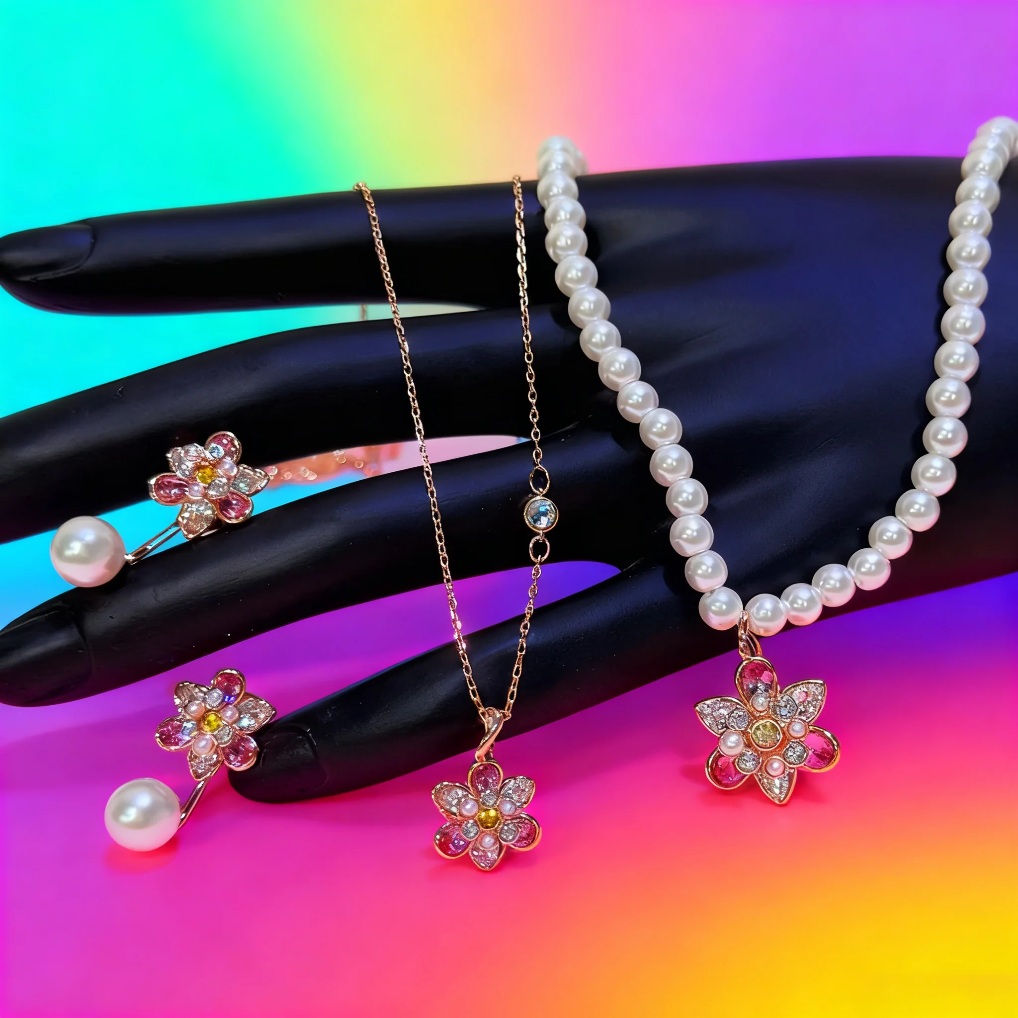 

2025 Новый тренд, комплект ювелирных изделий для вечеринок, очаровательный розовый золотой цветок, кристалл, модное жемчужное ожерелье, серьги, романтический подарок для женщин