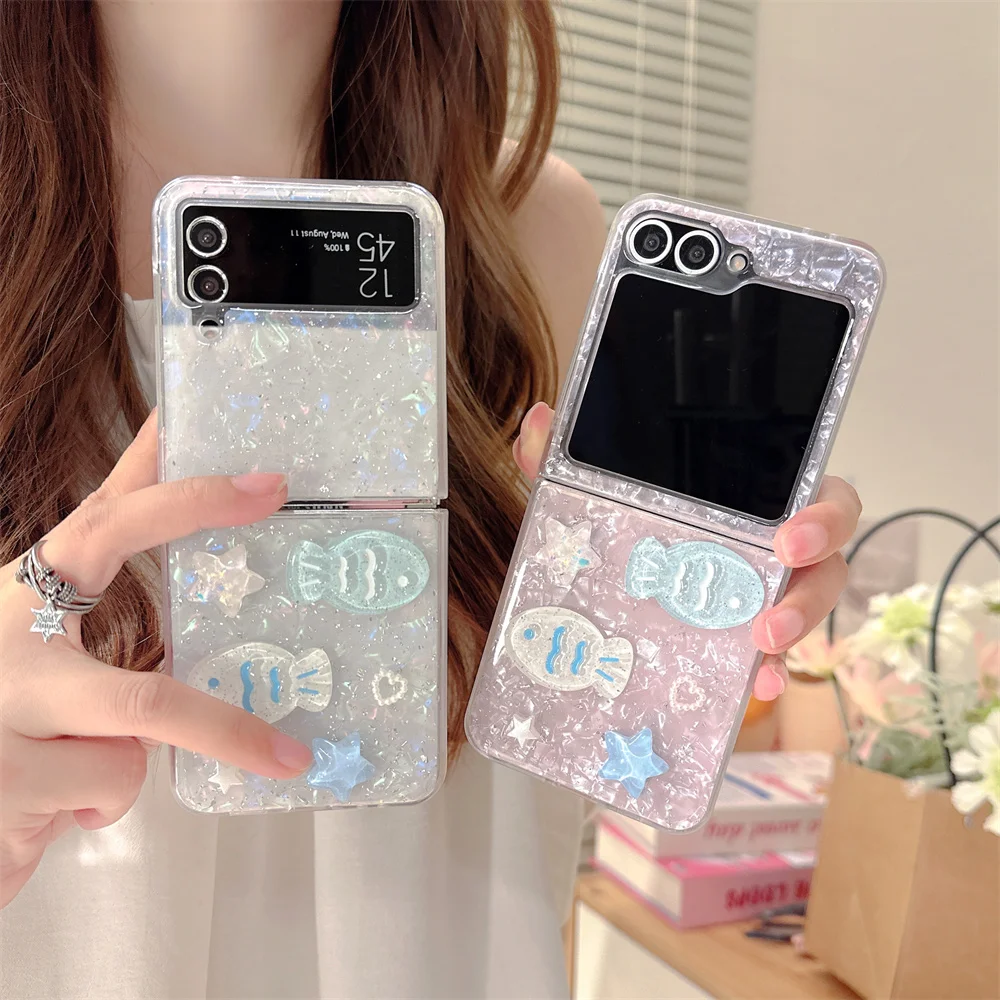 Cute 3D Star Fish Glitter Phone case for Samsung Galaxy Z Flip7 6 5 Flip6 7 FE Flip5 4 3 Cover Korean Fashion Shockproof Fundas