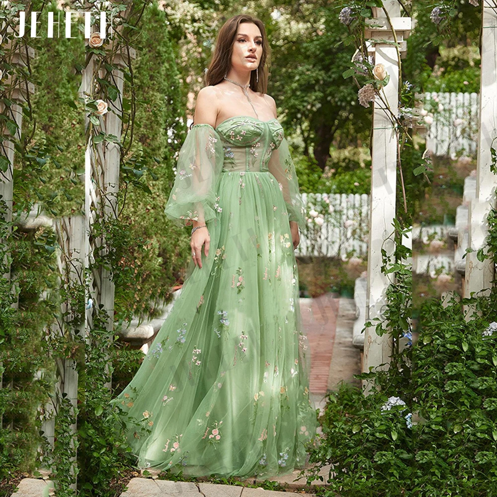 JEHETH-vestido De fiesta con bordado verde para mujer, traje De noche con mangas abullonadas sin tirantes, Espalda descubierta, fiesta formal Ropa de baile bordada. Vestido de fiesta de baile de hadas Vestido de noche.