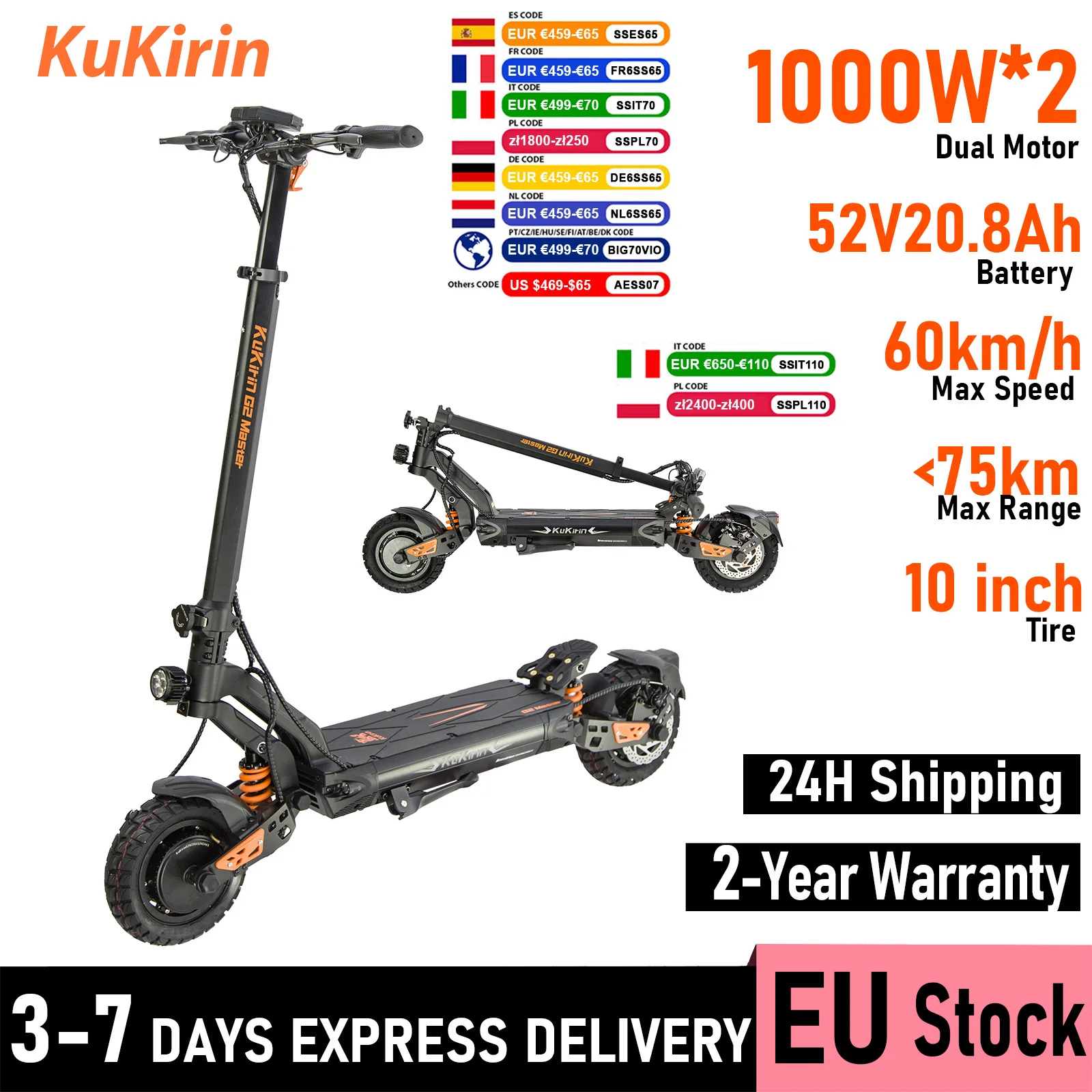 Trottinette électrique Kukirin 1000W*2 double moteur, autonomie 75 km, vitesse maximale 60 km/h, pneus tout-terrain de 10 pouces, adaptée à plusieurs terrains