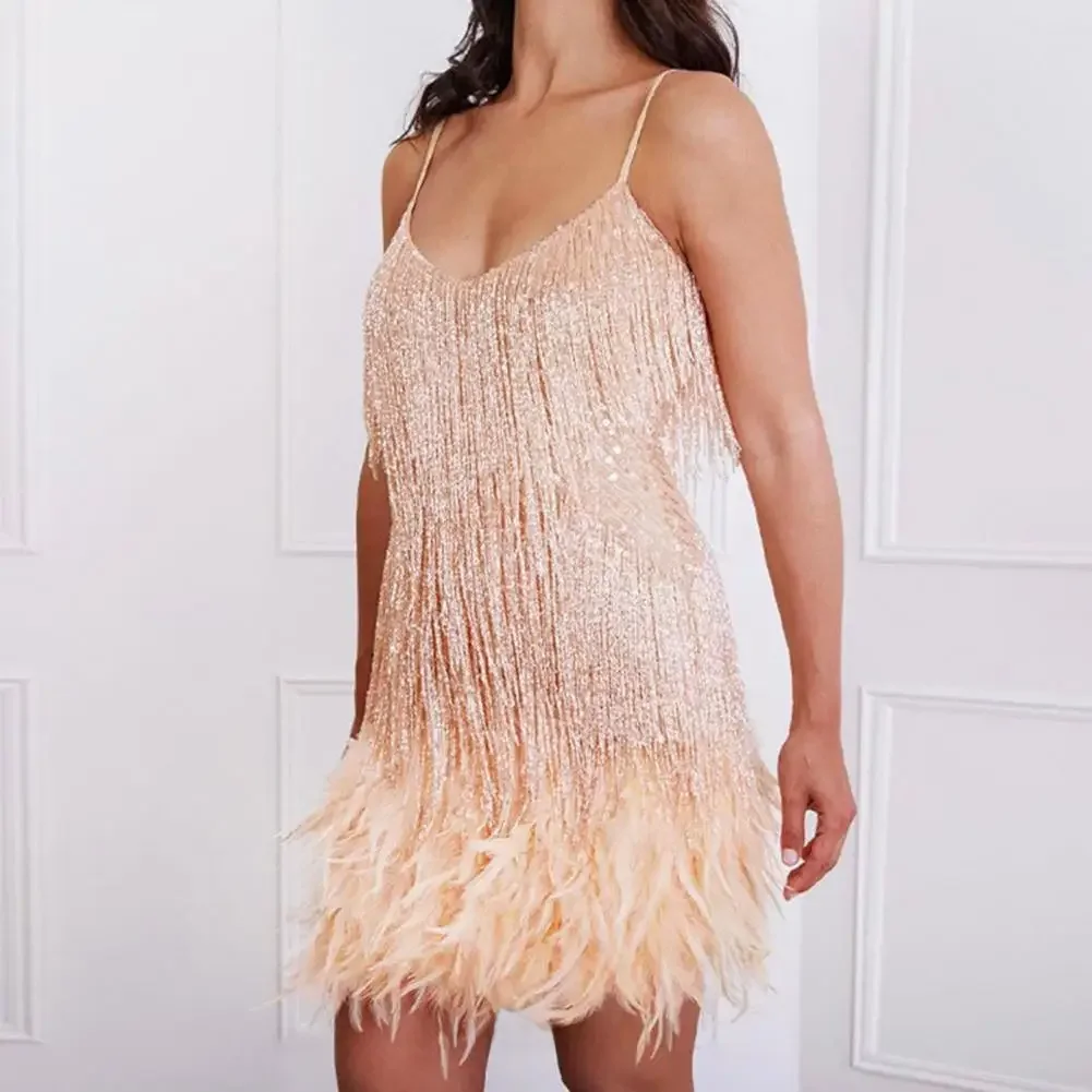 Mini sukienka z piórami paski spaghetti z frędzlami obcisła sukienka seksowna cekinowa frędzle Backless koktajlowa sukienka klubowa sukienki w stylu boho — zdjęcie 2