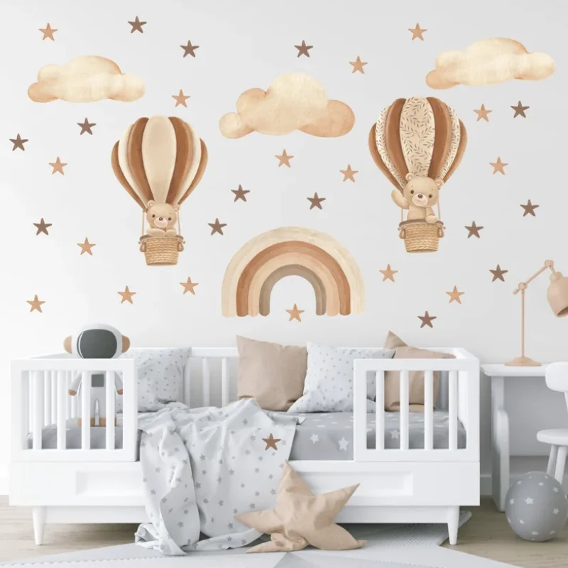 Boho Bär Heißluftballon Regenbogen Sterne Wolke Wandaufkleber Kinderzimmer Kinderzimmer Wandkunst Aufkleber Kinderzimmer Vinyl Schlafzimmer Home Decor