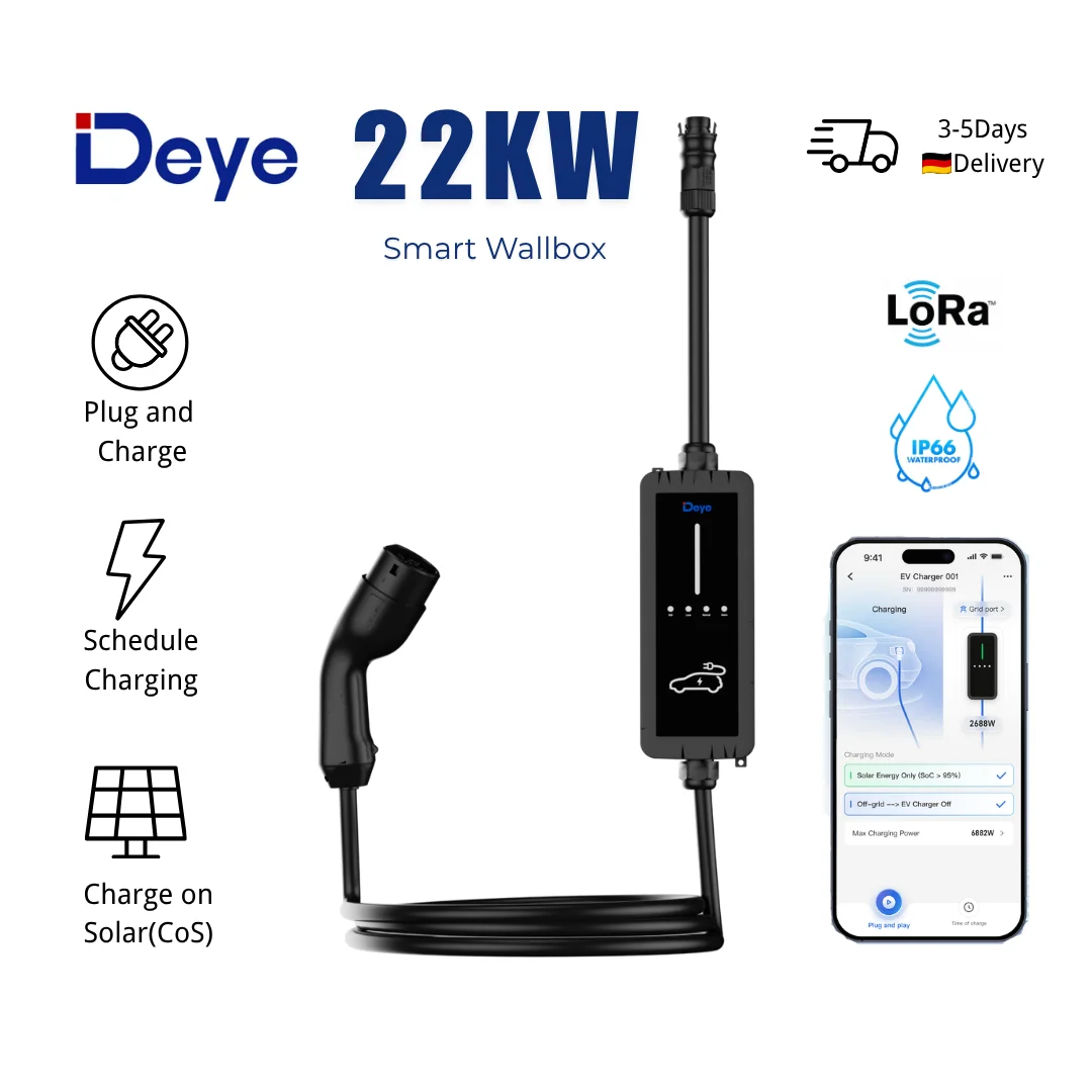 Deye 22kW Wallbox Typ 2| SUN-EVSE22K01-EU-AC| 32A 3-Phasen EV Ladestation mit WLAN, App, PV-Überschussladen, IP66