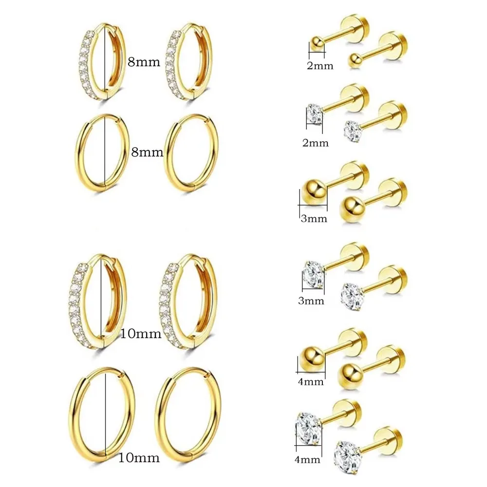 10/6 Pairs Small Gold Hoop Stud Earrings Set for Women, 18K Gold Plated Tiny Stainless Steel Earring Stack for Multiple Piercing