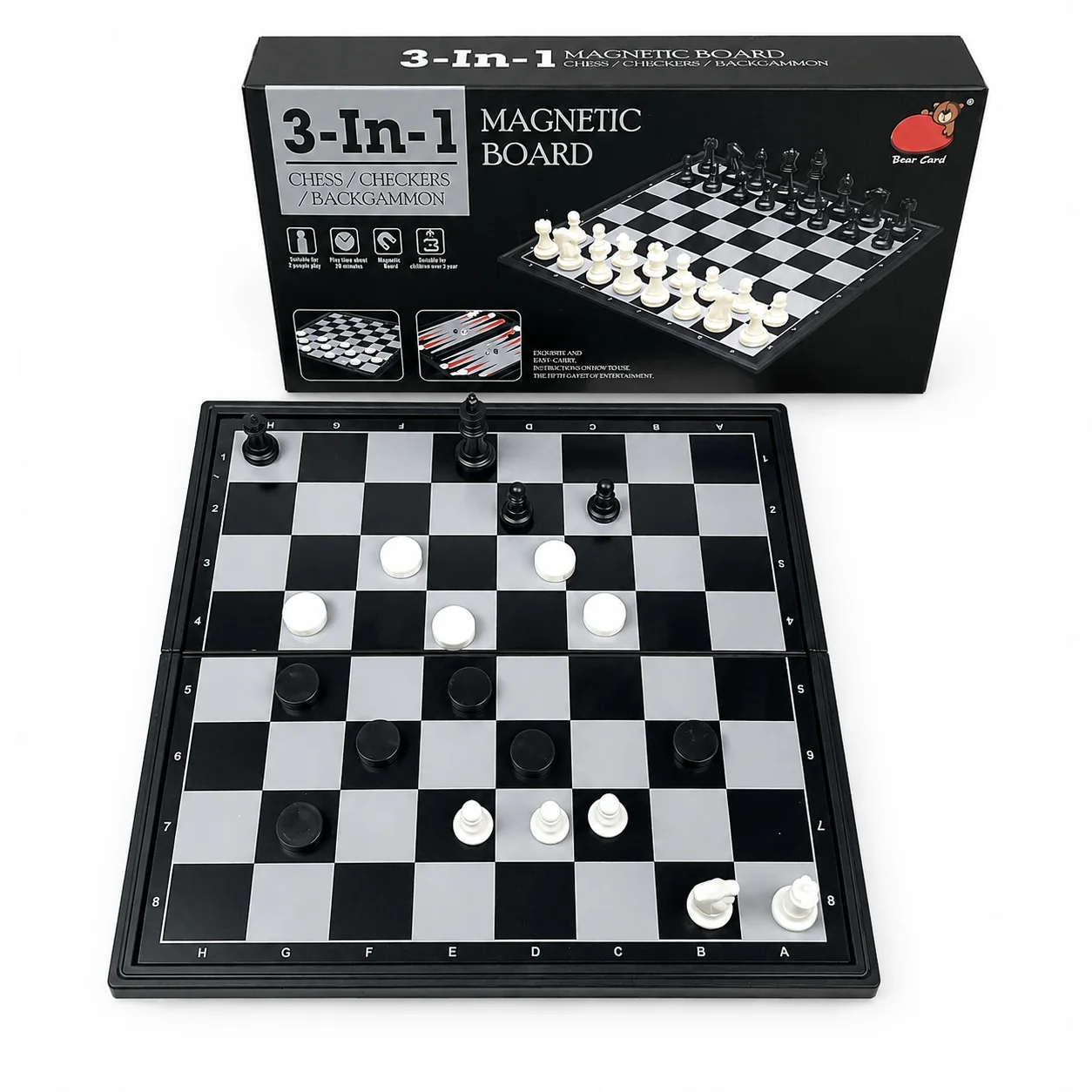 Jeu d'échecs, de dames et de backgammon magnétique pliable 3 en 1 de 19,1 x 19,7 cm avec boîte de transport, sûr, portable, jouet éducatif, cadeau