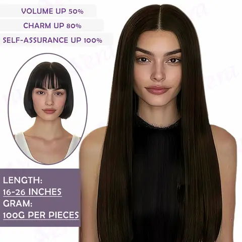 Trådförlängningar 26 tum mörkbrun trådhårförlängning lång hårstycke mörkt hår clips-in-förlängningar äkta hår tråd brun 6 best sales bruna hårförlängningar - №5