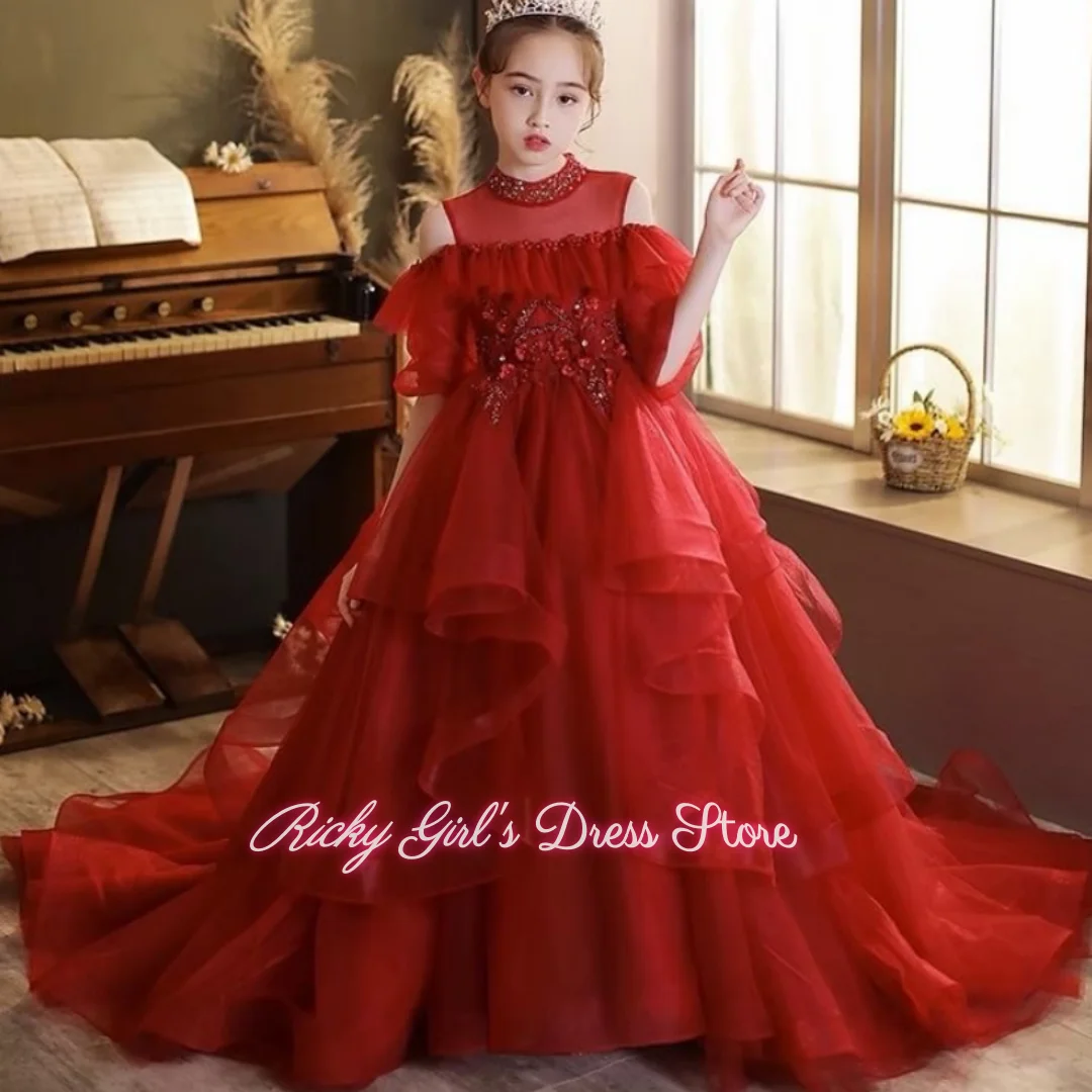 Girls Burgundy Beaded Princess Gown Stage Performance Wear Elegant Sequin Off Shoulder A-Line Long Dresses For Kids 2-14y