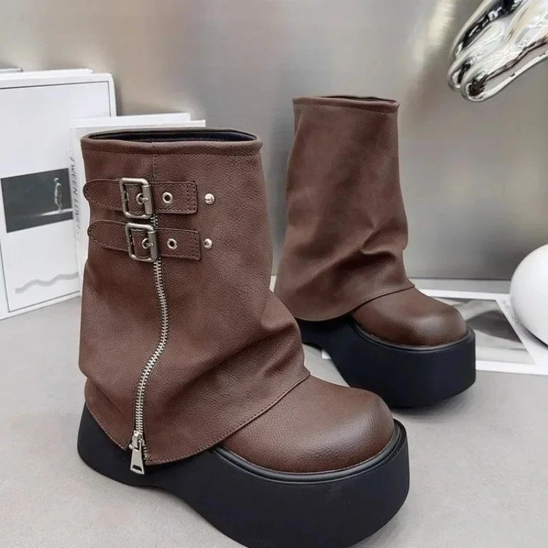 Bottes de chevalier à plateforme pour femmes, bottes hautes au genou, design à enfiler, fermeture à glissière latérale, noir et marron, style fille chaude