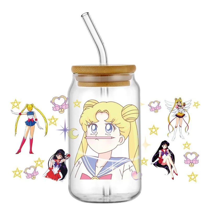 Miniso New SAILOR MOON serie giapponese decalcomanie fai da te trasferimenti 3D adesivi in cristallo uvdtf 16oz uv dtf cup wraps per occhiali Libbey