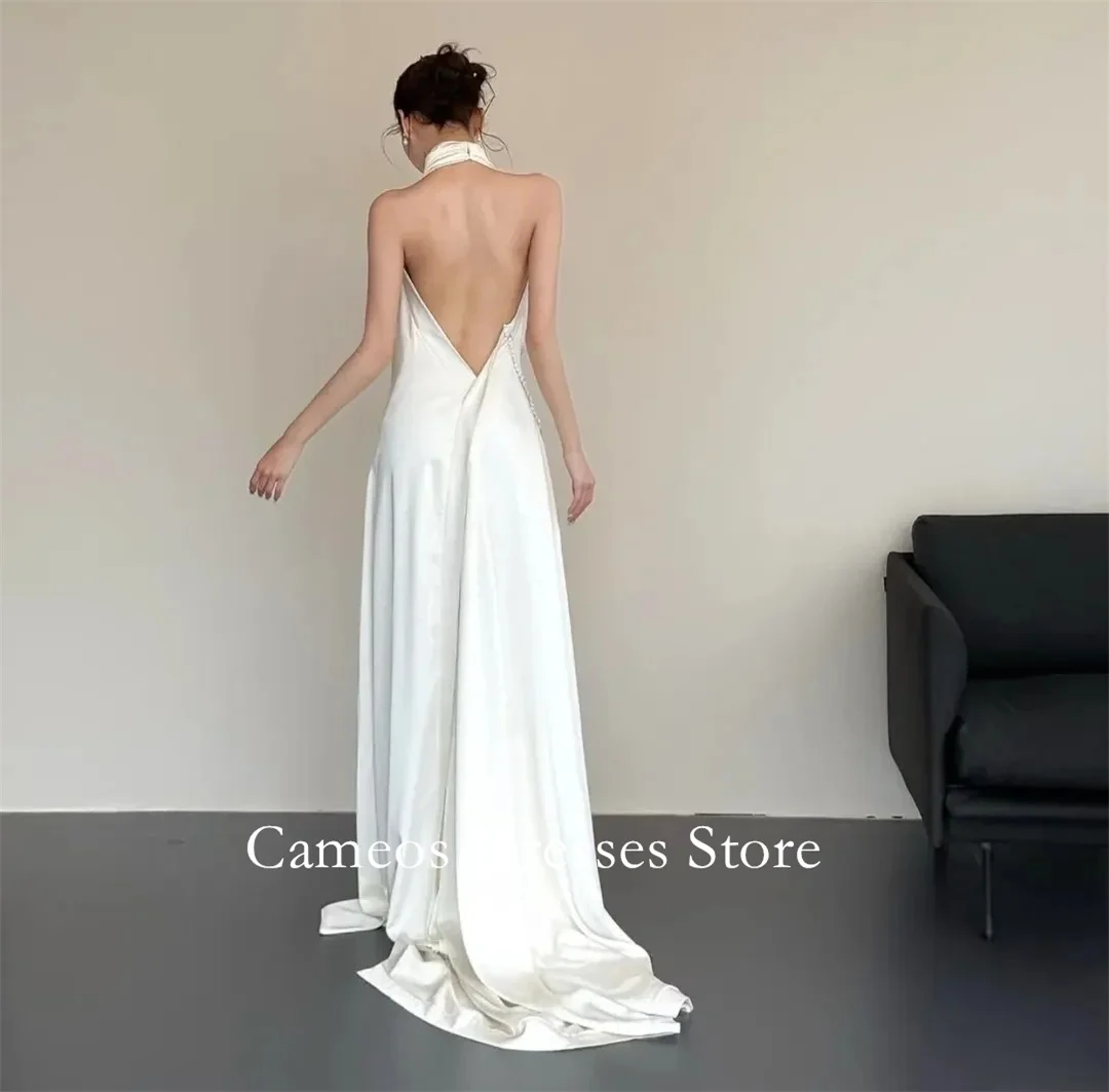 SONDR Customized High Neck Sexy Backless Sleeveless Wedding Dresses Sweep Train Ruched Ivory Brides Gowns Women Bridal Dresses