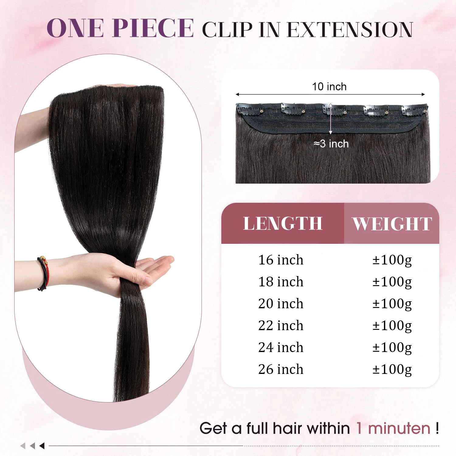 Clip In Human Hair Extensions 1 Piece 5 Clips 3/4 Full Head Clip On Remy Hair Extension Natural Color One-Piece Clip Ins