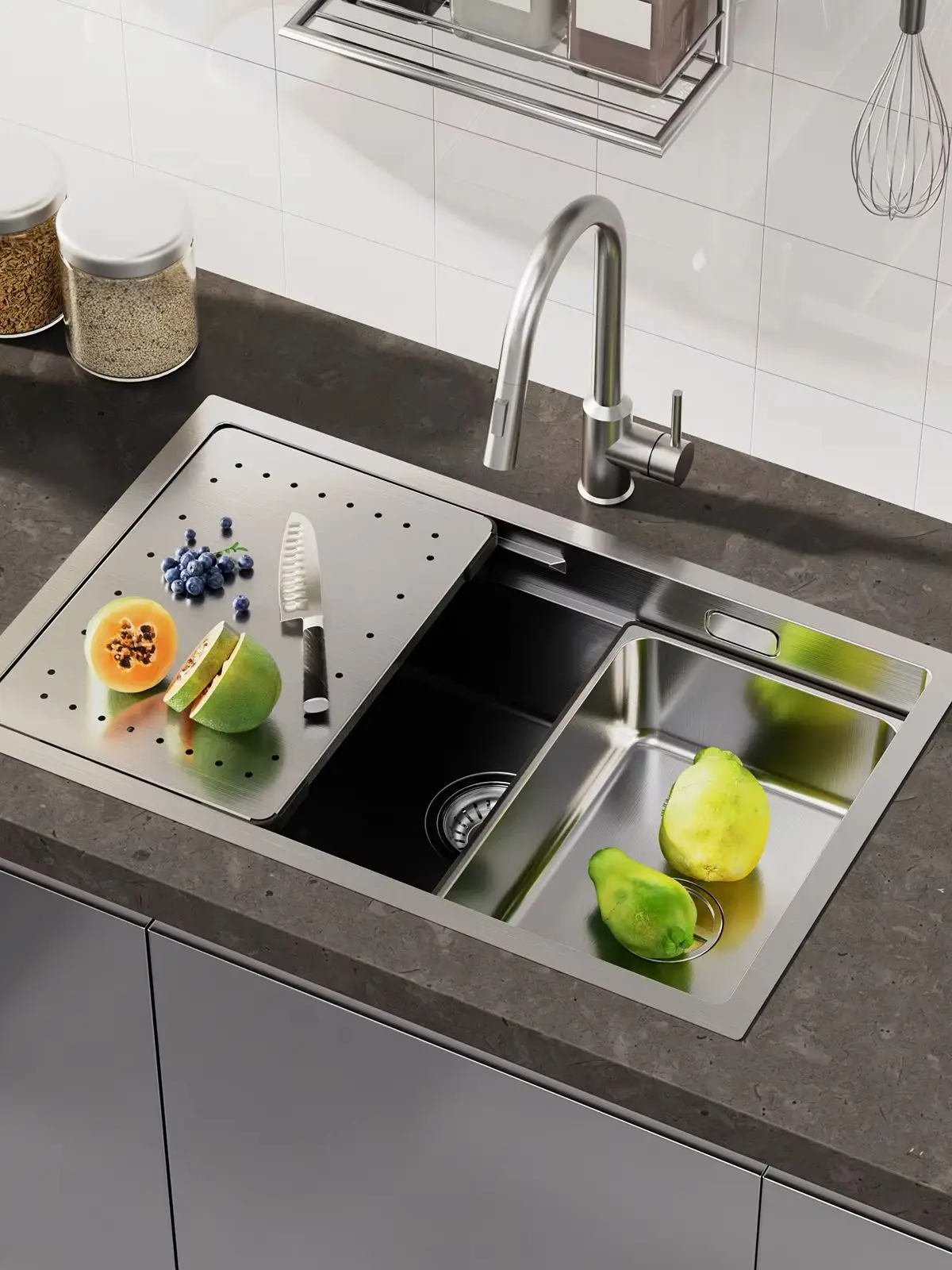 Küchenspüle Gebürstet 304 Edelstahl 70 x 44 cm Spülbecken Doppelstufen Arbeitsstation mit Zubehör Handgefertigt Kratzfest Unterbauspüle für Große Küche Siphon Set