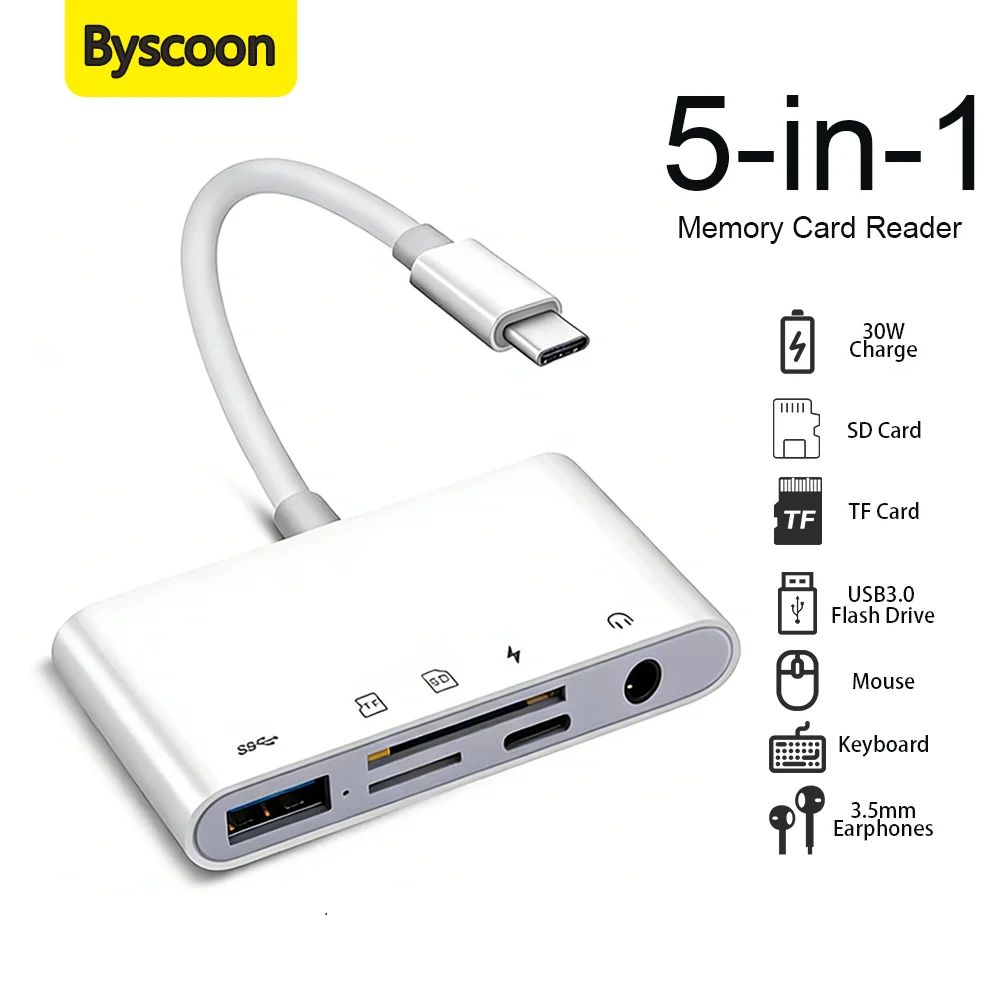 

Многофункциональный USB-C OTG адаптер-кардридер 5-в-1 для карт памяти Micro SD/TF с USB 3.0, разъемом 3.5 мм и зарядкой 30 Вт для iPhone 15-17 и Samsung Galaxy S25