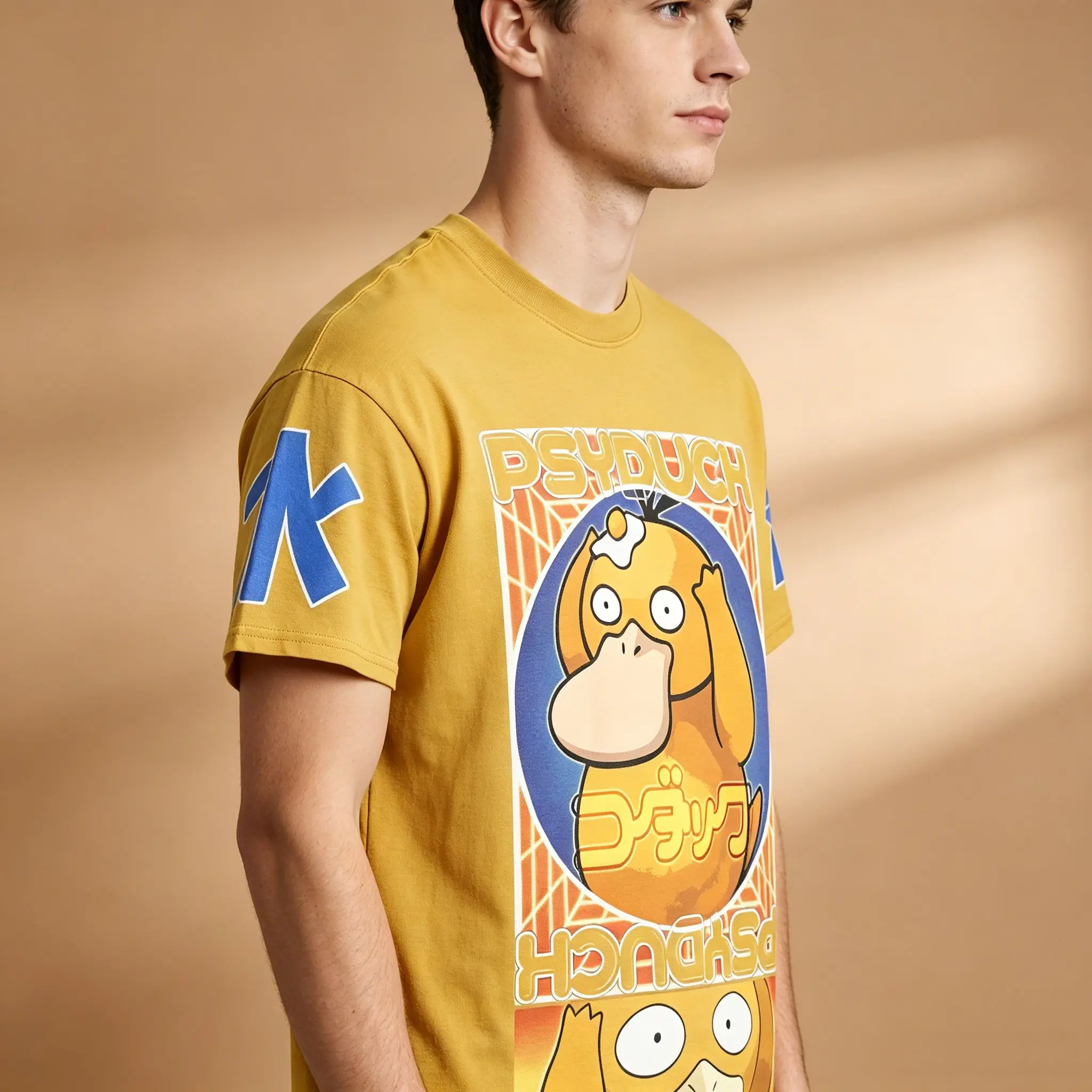 Men's Loose Oversized T-Shirt, Pokemon Psyduck Retro Poster Print Yellow Cotton Short Sleeve Anime Streetwear Top - view 6