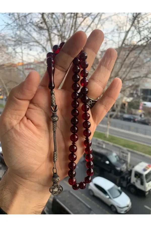 

Squeezed Amber Stone Rosary with Silver Tassels Coated with Gold Water