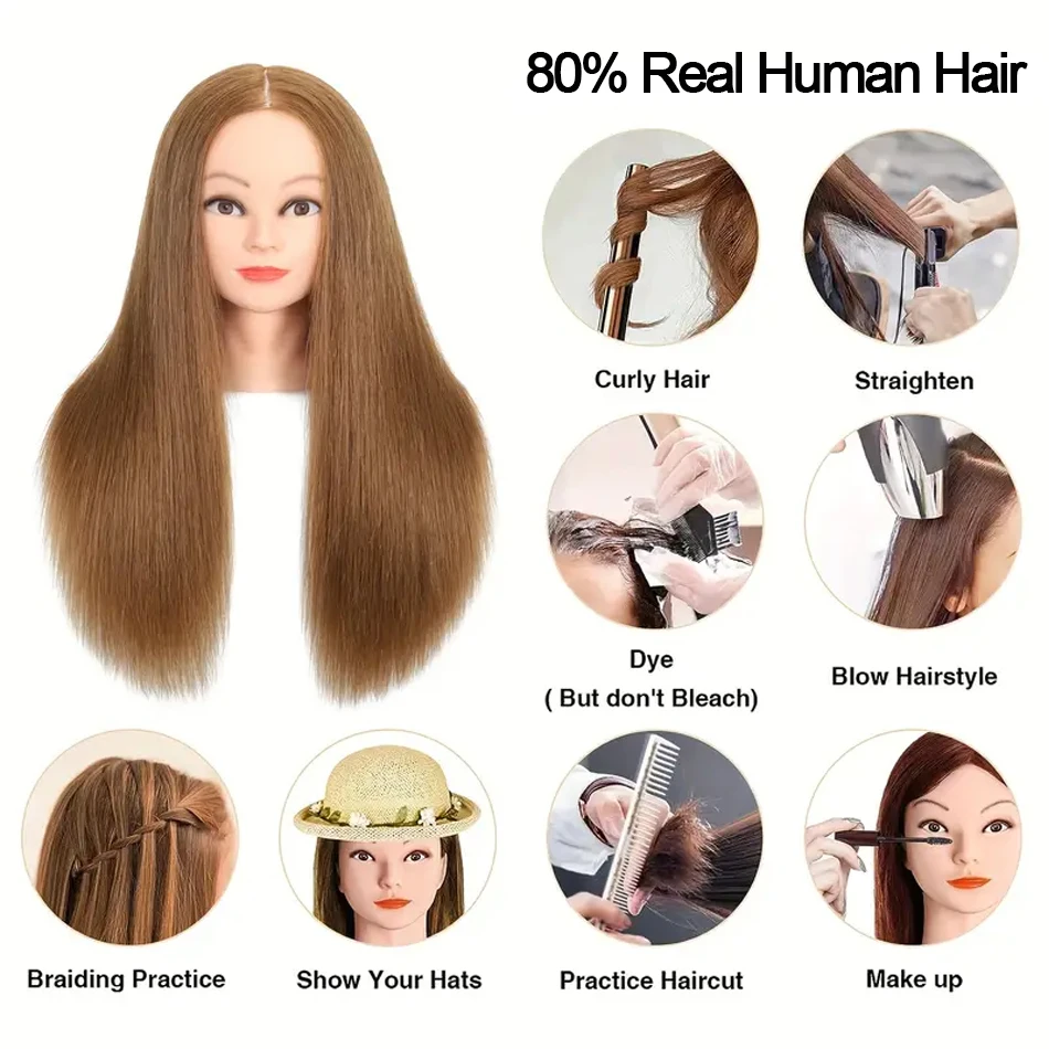 Cabeça de manequim 80% real com cabelo humano, para cabeleireiro, ondulação, alisamento, tingimento, trança, cabeleireiro, cabeças de boneca
