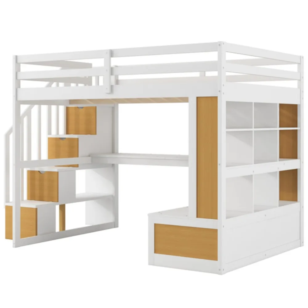 Full Size Loft Bed with Desk Drawers Storage Staircase Suitable for school dormitories and children's bedrooms can store desks
