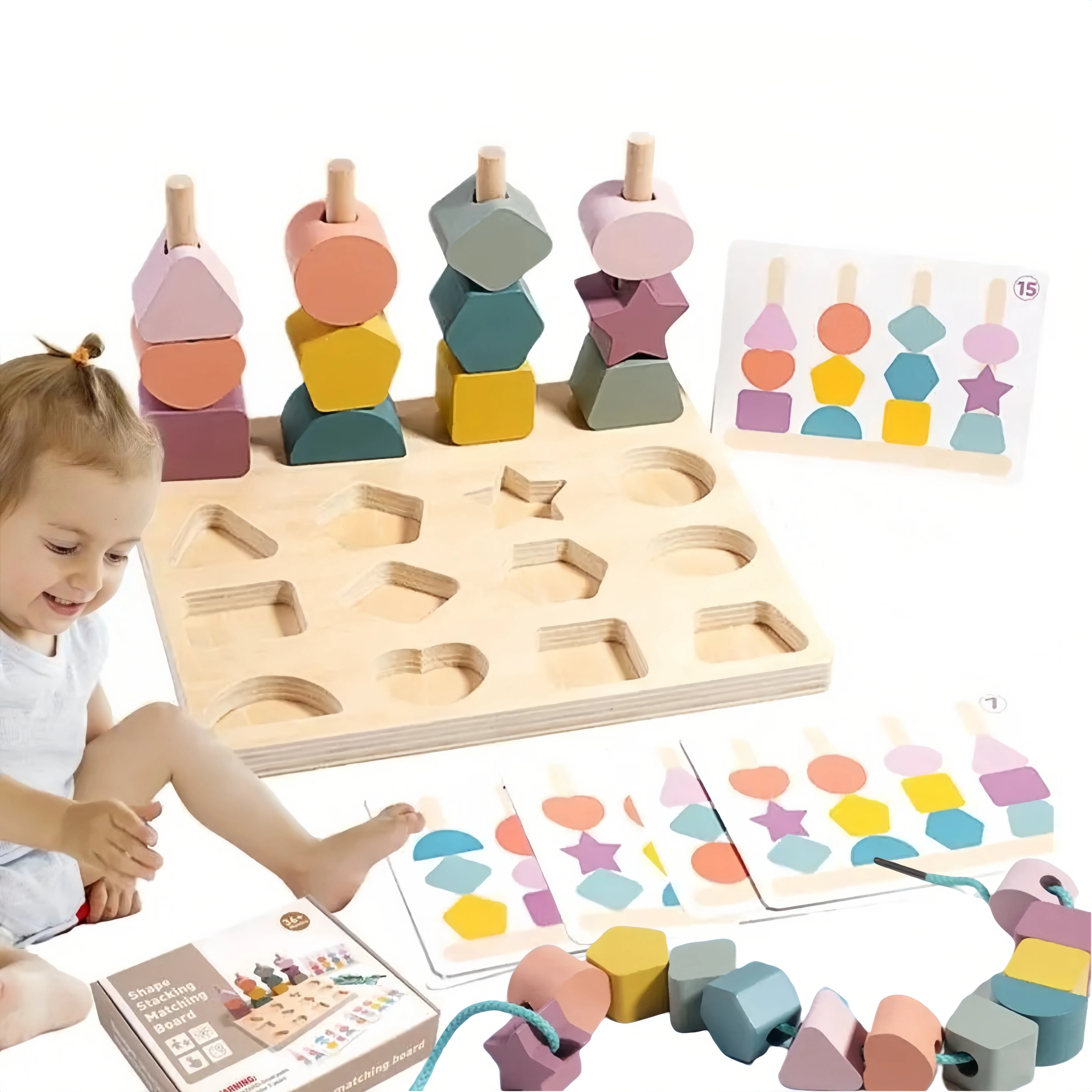 Montessori Wooden Toys Color Shape Matching Puzzle Toy Beaded Threading Rope Game Fine Motor Early Educational Toy Gift for Kids