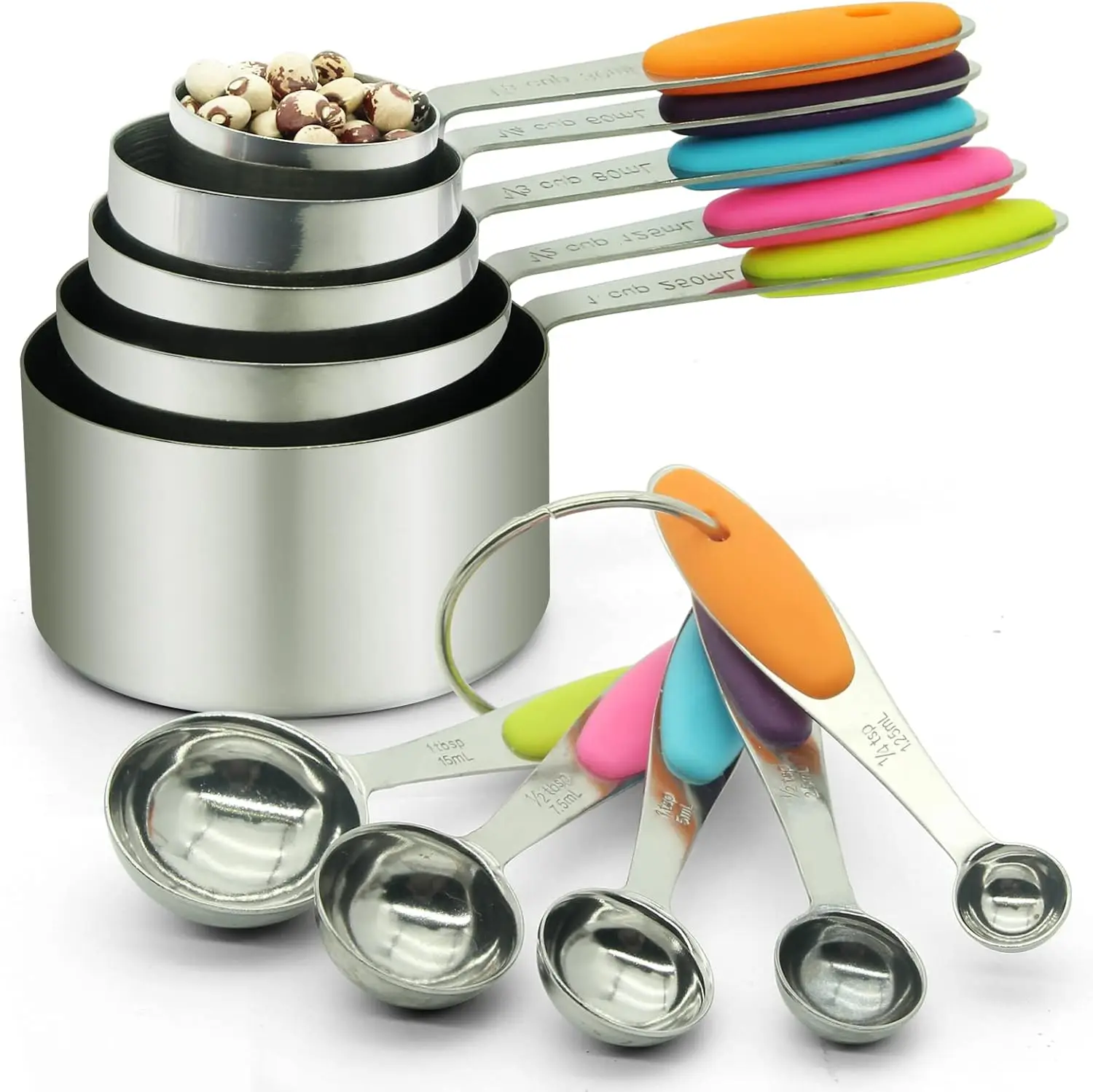 10 Pcs Measuring Cups and Measuring Spoons Set with Detachable Ring – Stainless Steel Stackable 5 Cups 5 Spoons