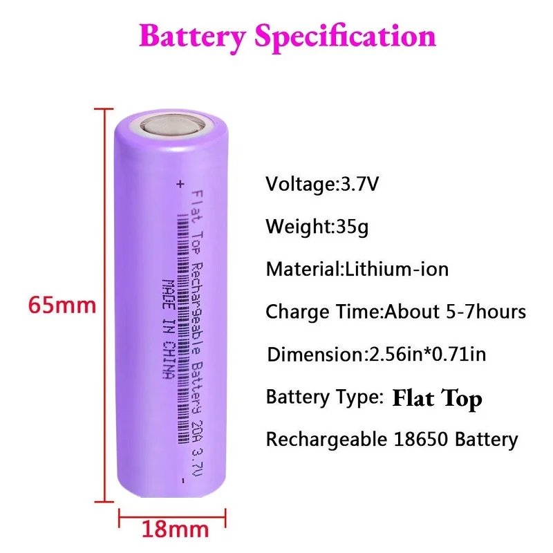 2PCS 3.7V 2600mAh 18650 Li-ion Rechargeable Batteries Lithium Battery 20A Falt Top for Flashlight Headlight Camera