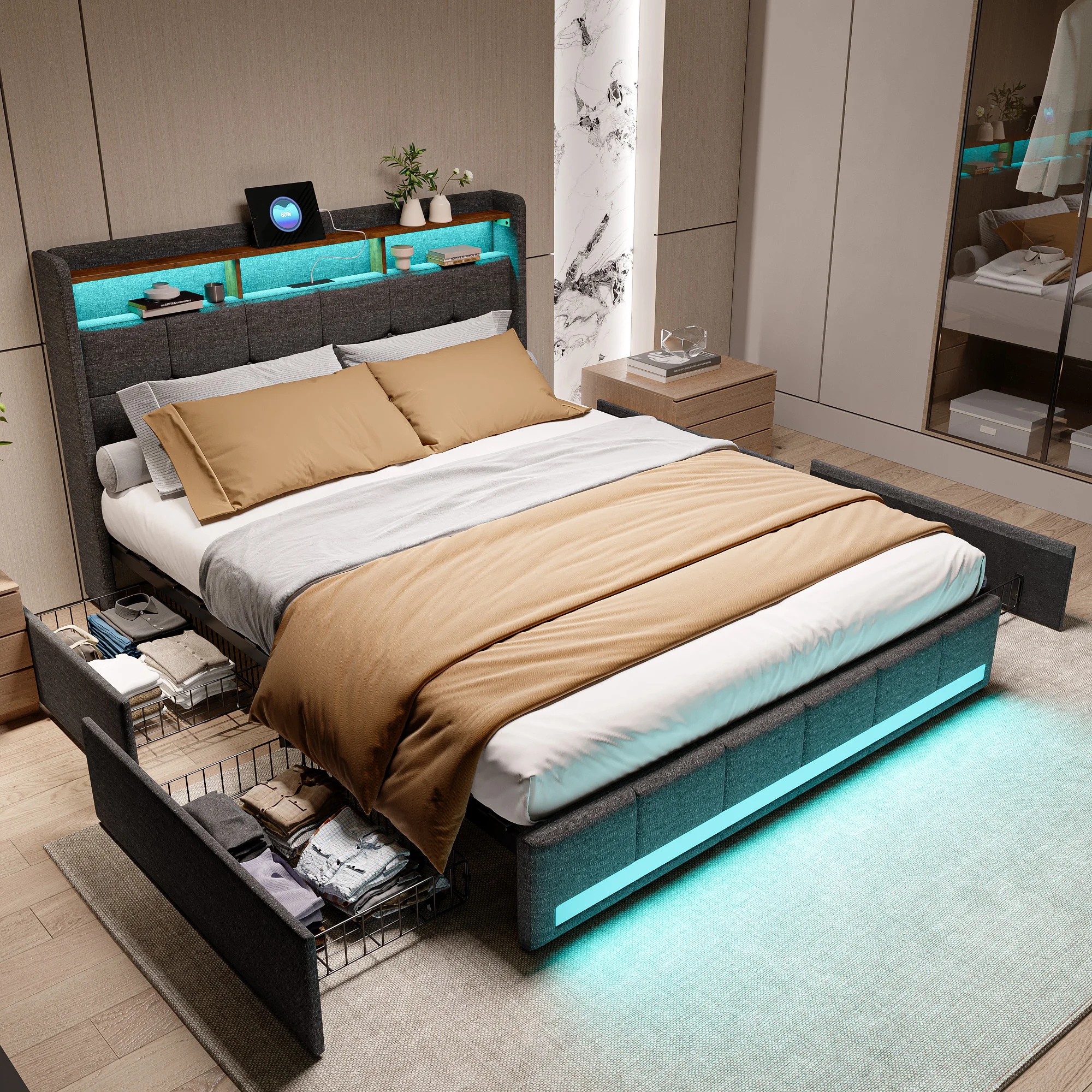 Superaly Cama doble tapizada de 140×200 cm con luces LED, cama con cajones y 4 cajones con ruedas, cama moderna para adultos con puerto de carga USB, tela de lino